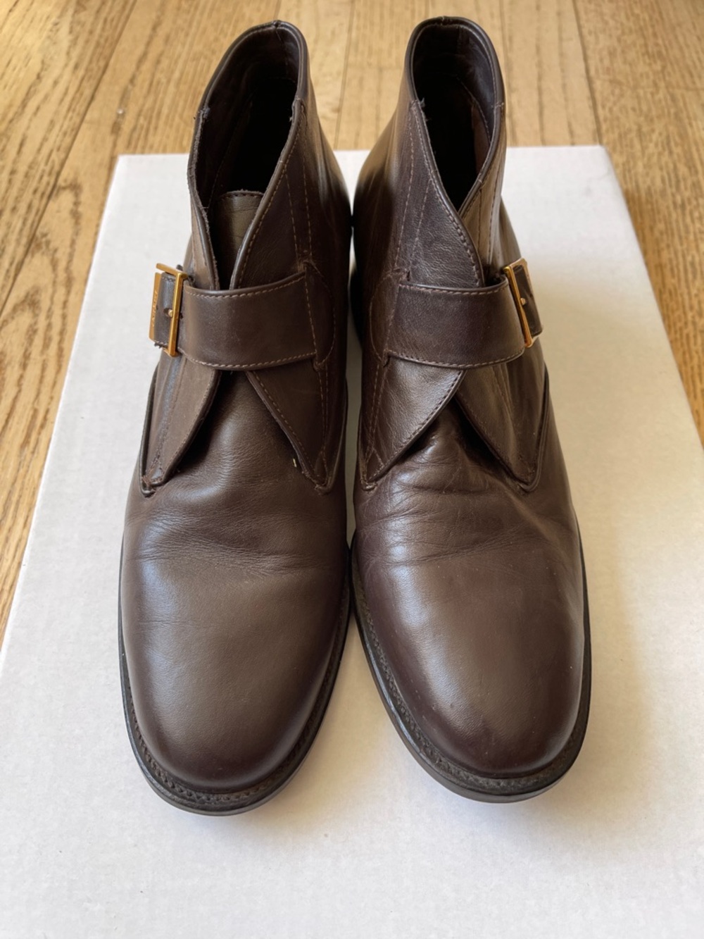 Etienne Aigner Chocolate Brown Leather Ankle Booties with Gold Buckle Detail